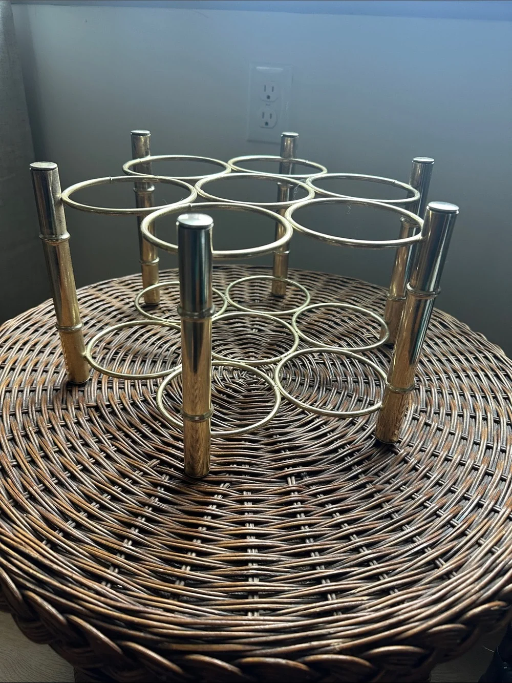 Vintage Brass Faux Bamboo 6-Bottle Wine Rack MCM Hollywood Regency Barware